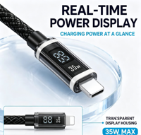 Câble de charge et de données USB-C 35W vers 8 broches avec affichage numérique, moniteur de puissance en temps réel, tressé en nylon, fournisseur en gros