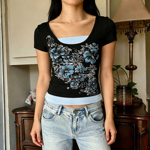 Camiseta de Mujer con Estampado Floral de Estilo Vintage, Diseño en Capas, Cuello Redondo, Color en Contraste, Informal, para Verano - Product Image 3