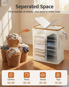 Panier à linge à 2 sections avec couvercle, 140 L, panier à linge sale, double panier à linge avec poignées en bambou pour buanderie, salle de bain - Product Image 4