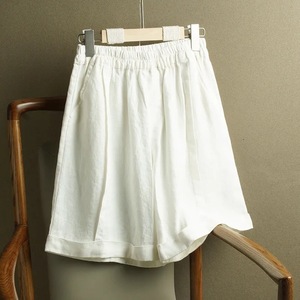 Women's Cotton Linen Shorts <b>Elastic</b> High Waist Loose Fit Casual Breathable White Beige Black Light Blue Coffee Yellow - Product Image 3