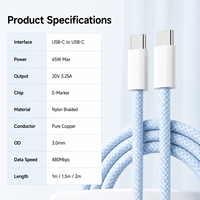 Câble de charge USB Type-C vers Type-C tressé en nylon 65W PD haute vitesse avec puce E-Marker blindée, charge rapide, fabricant OEM ODM