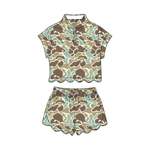 GSSO3565 Ensemble personnalisé pour petites filles, imprimé camouflage, manches courtes, à volants, vente en gros pour enfants - Product Image 1