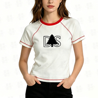 Camiseta de Verano Casual para Mujer, Personalizada con Serigrafía, Cuello Redondo, Costuras en Contraste, Algodón y Spandex, Corte Ajustado, Manga Raglán, Venta al Por Mayor