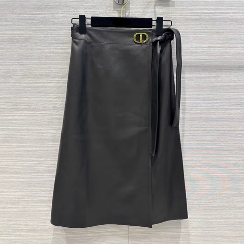 33107 New Trendy Plus Size Metal Buckle Belt Black Elegant Real Leather Midi Skirt for Women