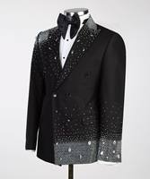 Costume de mariage noir personnalisé avec strass brillants pour homme, smoking de luxe pour marié, bal de promo, témoin, fête de mariage