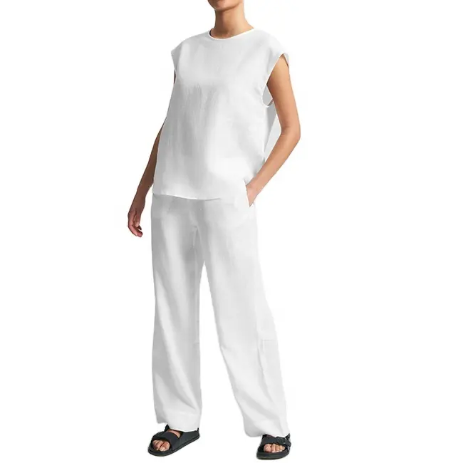 Custom Summer Designer Luxury Women's Pyjamas Solid Linen Sleeveless Top And Pants Sleepwear Shorts Sets Pajamas For Women
