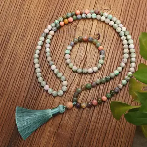100% 8Mm Alam Batu Manik-manik Beruntung Jasper India Agate JapaMala Set Spiritual Perhiasan Meditasi Doa Kalung 108 Mala Beads