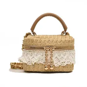2024 trendy hot sale INS Summer Fashion Mini Bucket Straw Purse Lovely Sweet Lace Children Crossbody Bag