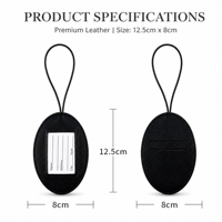Étiquette de bagage ovale en cuir PU avec fenêtre transparente pour carte d'identité, fente pour carte nominative et sangle élastique noire pour le voyage