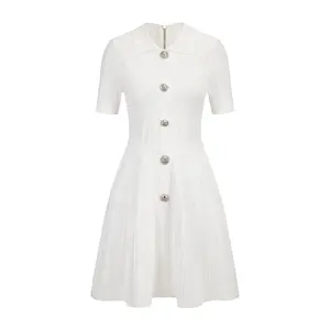 Knitwear Manufacturer Custom Spring Summer White Polo Neck Short Sleeve Elegant Casual Women Knit Sweater Dress
