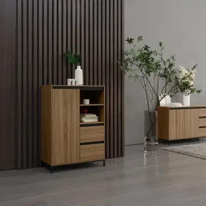 Oak Effect Finish Highboard Wooden <strong>Tall</strong> <strong>Unit</strong> 2 Doors Opening <strong>Shelves</strong> Modern Eco-Friendly Durable for Living Room Bedroom Home - Product Image 3