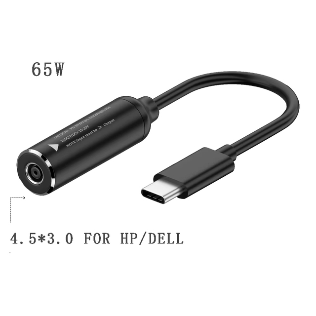 4.5x3.0mm Female Barrel Smart Input DC Jack to USB-C Power Plug Charge Cable for PD 9V 15V 20V 65W 3.25A HP DELL Laptop Phone