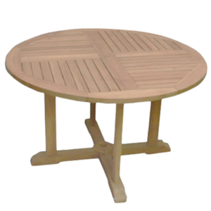 A <b>round</b> teak garden <b>table</b> featuring a paneled tabletop and cross-style legs, suitable for a dining room. - Product Image 2