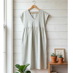 Robe d'été pour femmes sans manches, col en V, taille empire, mi-longue, décontractée, ample, en coton et lin, plissée, style babydoll - Product Image 6