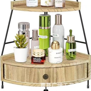 Estante de almacenamiento de esquina de madera de 2 niveles con cajón para organizador de cosméticos de baño, color madera natural, independiente - Product Image 5