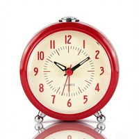 Réveil de table moderne en plastique rouge quartz 4 pouces, affichage circulaire à aiguille silencieuse, fonction snooze, alarme crescendo, veilleuse, piles AA