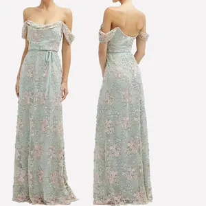 2024 Elegant off the shoulder A-line floral embroidered lace long bridesmaid dresses with tie sash