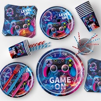 Vaisselle pour fête d'anniversaire sur le thème des jeux vidéo, comprenant assiettes, serviettes, gobelets, bannières, décorations de fête d'anniversaire pour les joueurs