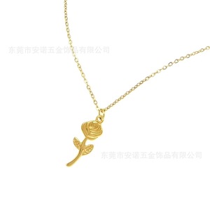 Collier pendentif rose en acier inoxydable plaqué or 18 carats, design floral, pour cadeau, bijoux tendance - Product Image 2