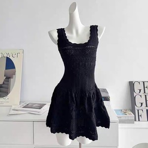 Robe Camisole Princesse Tricotée Unie Évidée <span class=keywords><strong>et</strong></span> Moulante pour <span class=keywords><strong>Femme</strong></span> Printemps/Été, Coupe Courte Amincissante à Manches Courtes - Product Image 2