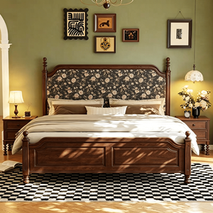 Traditional Upholstered Wooden <b>Bed</b> <b>Frame</b> Queen Size Fabric Headboard Soft <b>Bed</b> Mahogany Wood Design - Product Image 5