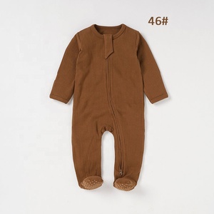 Jumpsuit bayi katun organik 100%, Romper bayi pola cetak Solid rajut bergaris - Product Image 2