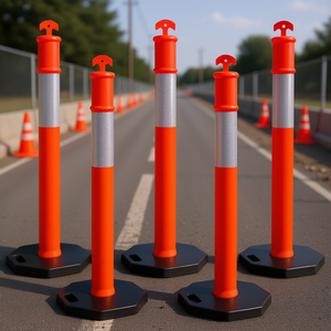 Poste Delimitador Naranja de PE, 44 Pulgadas de Altura, Banda Reflectante de 10 Pulgadas, Base de Goma, Advertencia de Tráfico, Seguridad Vial, Paquete de 5 - Product Image 2