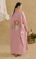 Ensemble Abaya en Lin Rose Modeste Premium 2026 – Cardigan Ouvert Oversize, Robe Longue Imprimée Colorée avec Ceinture, Tenue Formelle Islamique Grande Taille