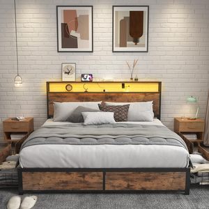 Lifezone Modernes Design Queensize-Bettgestell mit 2-stufigem Stauraum-Kopfteil, Metallplattform, 4 Schubladen, Integrierter Ladestation und LED - Product Image 6
