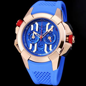 Montre de luxe squelette chronographe or rose bleu avec accent rouge et bracelet en caoutchouc bleu, montre-bracelet automatique audacieuse pour homme - Grande Vente - Product Image 1