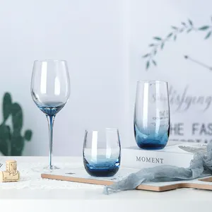 2024 hot selling blue champagne wine glass goblet colored vintage embossed pressed colored stemware wine goblet