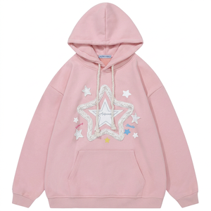 Sudadera con Capucha Extra Grande Rosa, de Felpa, con Diseño de Estrella Bordada, Estilo Casual, Unisex - Product Image 3