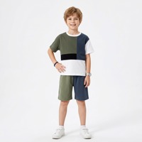 Trajes para Niños en Verde Oliva, Azul Marino, Blanco y Negro, Camiseta de Manga Corta con Paneles de Cuatro Colores, Pantalones Cortos Deportivos, para Niños Grandes, Verano
