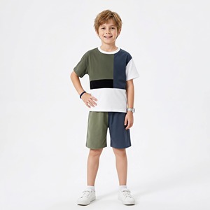 Ensemble Garçon Été – T-shirt Manches Courtes et <span class=keywords><strong>Short</strong></span> de Sport – Vert Olive, Bleu Marine, Blanc, Noir – Blocs de Couleurs – Pour Enfants et Grands Garçons - Product Image 1