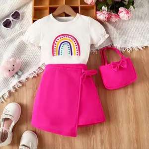 Nouvel an fille vêtements ensemble 2024 enfant filles arc-en-ciel t-shirt short sac 3 pièces tenue 5 couleurs mode fille vêtements ensembles