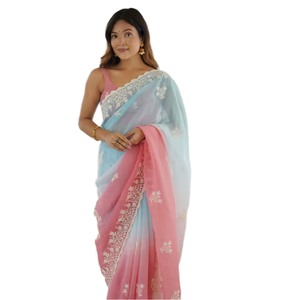Sari de Mujer sin Coser, con Adornos de Perlas y Lentejuelas, de Georgette de Poliéster Elástico, Largo hasta el Suelo, para Bodas y Fiestas de Invierno - Product Image 2