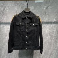 Veste en jean noir vieilli personnalisée OEM ODM avec tête de tigre thermocollée sur le dos et détails de peinture éclaboussée