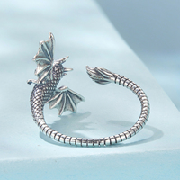 Bague ouverte en argent sterling 925 avec dragon volant, style rétro 3D, taille ajustable 5-9 pour femme, bijoux fins pour soirée SCR1133-E
