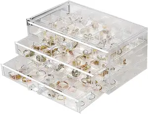 Acrylic 3-Drawer 72-Compartment Jewelry Organizer Box Clear Stackable Display Rack for Stud Earrings Rings Pins (Transparent)