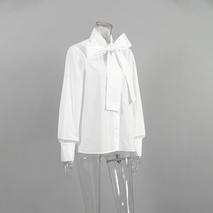 Elegante <span class=keywords><strong>Camicia</strong></span> Bianca da Donna con Colletto alla Coreana, Maniche Lunghe e Fiocco Decorativo, Top Ampio per Primavera e Autunno - Product Image 3