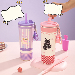 710ml Cute Cartoon Double‑Drink Insulated Tumbler Stainless Steel <b>Straw</b> <b>Water</b> <b>Bottle</b> <b>With</b> Pendant Lanyard Travel Coffee Cup - Product Image 3