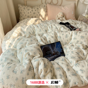 Retro Floral Print Milk Fleece Four-Piece <b>Bedding</b> <b>Set</b> Thickened Warm Skin-Friendly Winter Use Anti-Static - Product Image 2