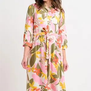 Custom Design Casual Wear Brakeburn Tropical Palm Shirt Dress 3 4 Sleeve Waistband Women Dress