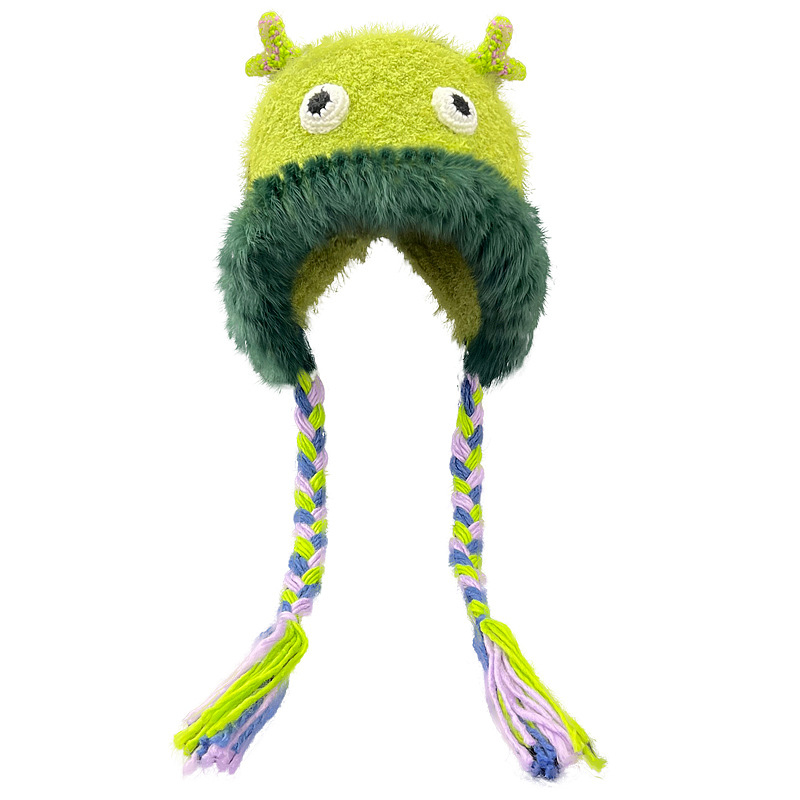 Cute Kawaii Furry Long Braid Y2K Grunge Little Monster Beanie Hat