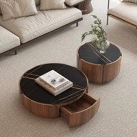 Ensemble de table basse de salon d'hôtel moderne avec rangement, base en bois et marbre noir, table basse ronde