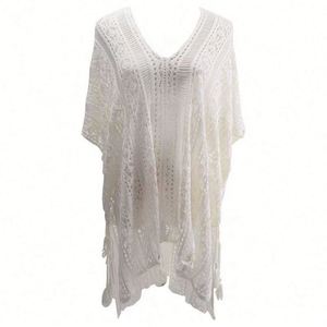 Bikini de una sola manga con cuello en V para vacaciones, tipo smock, con diseño calado y flores, abrigo playero estampado, suelto, largo, tipo jersey, 100% poliéster, transpirable. - Product Image 1