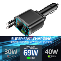 Chargeur de voiture pliable 6-en-1 (avec effet Starlight) 69W USB C à charge rapide, livré avec 2 câbles Type C pour iPhone 17, 17 Pro