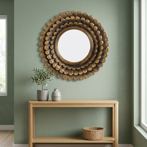 Round Bohemian Decorative Wall <b>Mirror</b> with Scalloped Brass Frame for Living Room Bedroom - Product Image 6