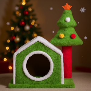 Db Soft Plush Christmas Cat House Indoor Pet Bed Cave With Tree Design For Cats Winter Holiday Decor Green Cartoon Style - Product Image 2