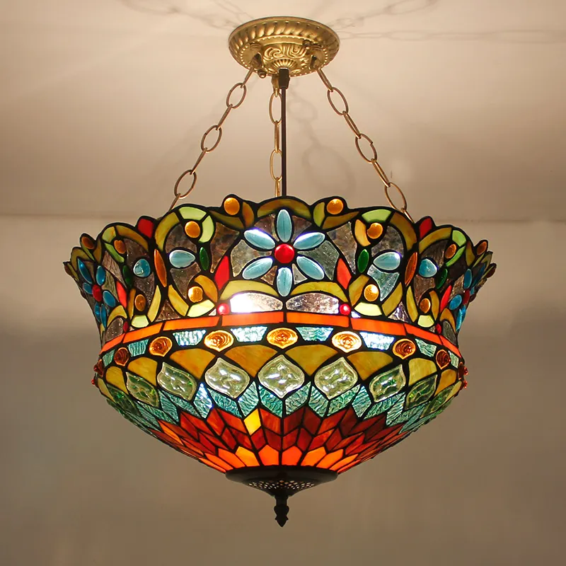 Tiffany Stijl Victoriaanse 5 Lichten Plafond Hanger 18 Inch Stained Glass Lampe Schaduw Art Nouveau Pastorale Tiffany Kroonluchters